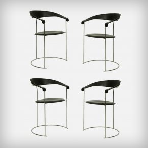 Set Of 4 Chrome & Black Leather Armchairs • Model Canasta