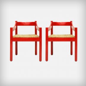 Pair Of Red Beech Wood & Woven Rush Seating Dining Chairs • Model Carimate