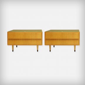 Pair Of Ash Wood Nightstands With Glass Tops