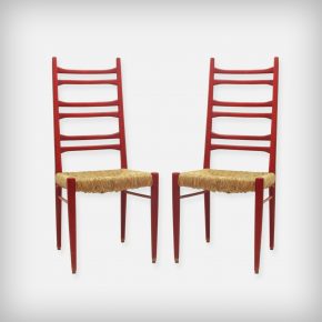 Pair Of Red Wood & Woven Rush Seating Dining Chairs