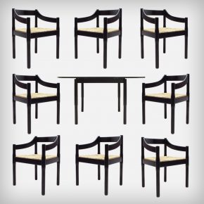 Black Beech Wood & Woven Rush Seating Dining Room Set • Model Carimate